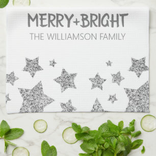 Sparkle Star Merry bright Christmas silver white Kitchen Towel