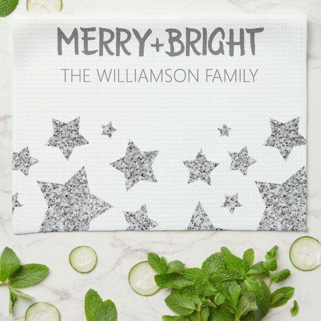 Sparkle Star Merry bright Christmas silver white Kitchen Towel (Folded)