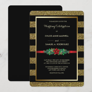 Sparkle Stripe Christmas Poinsettia Wedding Invite