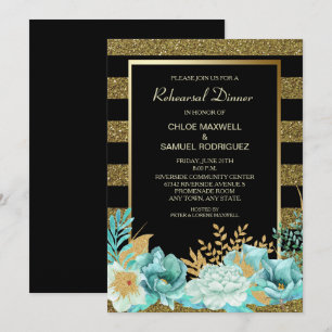 Sparkle Stripe Gold Mint Floral Rehearsal Dinner Invitation