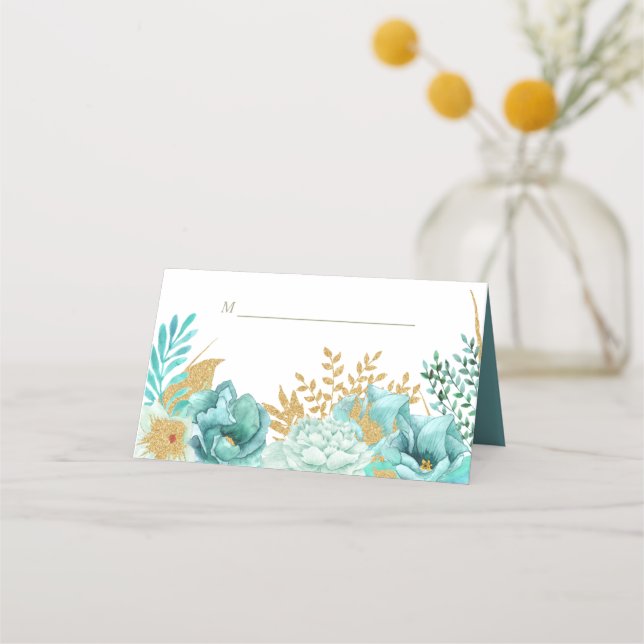 Sparkle Stripe Gold Mint Floral Wedding Place Card (Front)