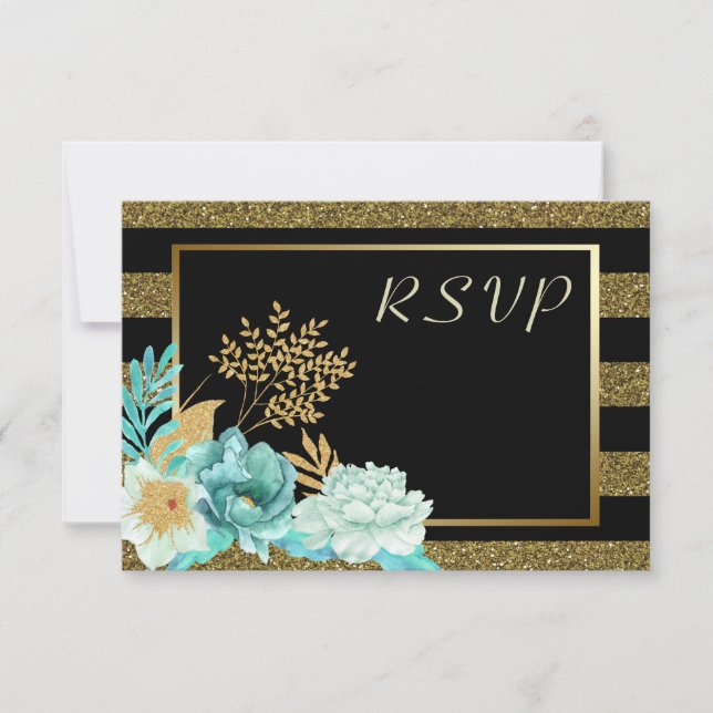 Sparkle Stripe Gold Mint Floral Wedding RSVP Card (Front)