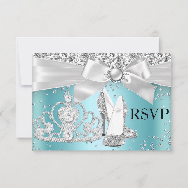 Sparkle Tiara Heels Teal Sweet 16 RSVP Card (Front)