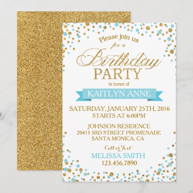 Sparkle Turquoise and Gold Glitter Dots Birthday Invitation (Front/Back)