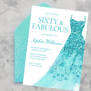 Sparkle Turquoise Dress 60th Birthday Party  Invitation