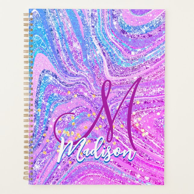 Sparkle unicorn rainbow girly marble art  planner (Front)