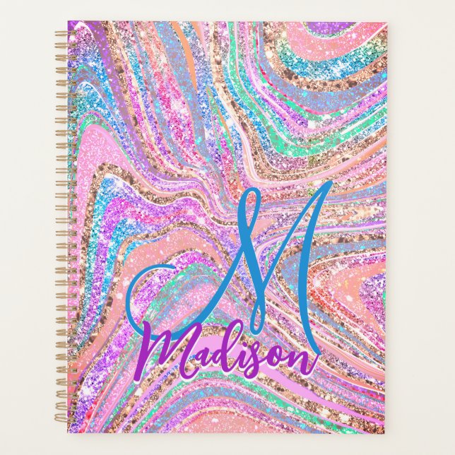 Sparkle unicorn rainbow girly marbling art planner (Front)