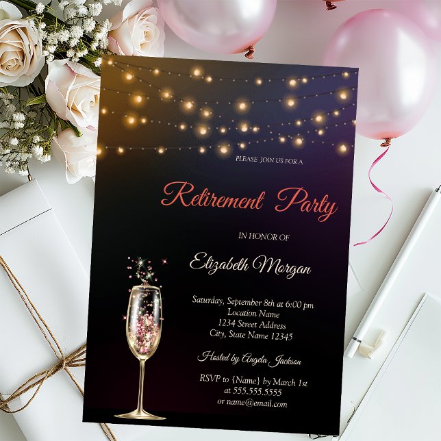 Sparkle Wine Glass String Lights Retirement  Invitation (Creator Uploaded)