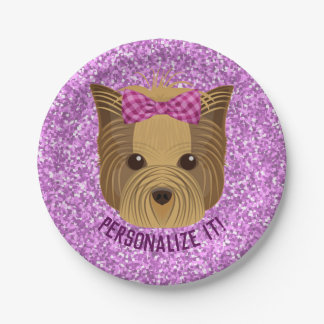 Sparkle Yorkie Yorkshire Terrier Puppy Dog Glitter Paper Plate