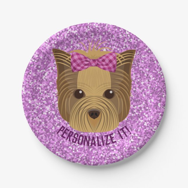 Sparkle Yorkie Yorkshire Terrier Puppy Dog Glitter Paper Plate (Front)