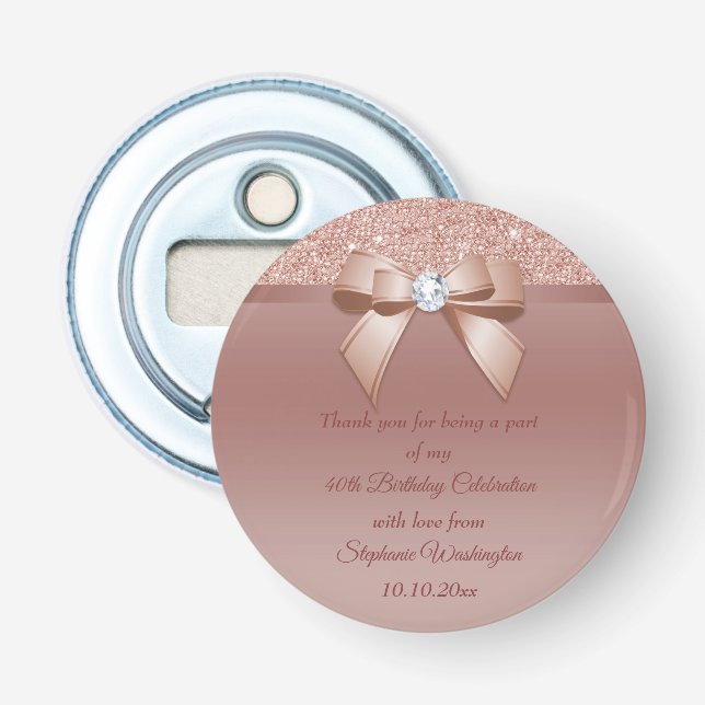Sparkles & Glamour, Rose Gold Birthday Favour Bottle Opener (Front)