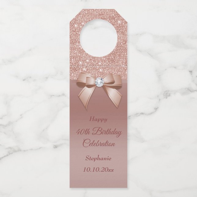 Sparkles & Glamour, Rose Gold Birthday Party Bottle Tag (Front)