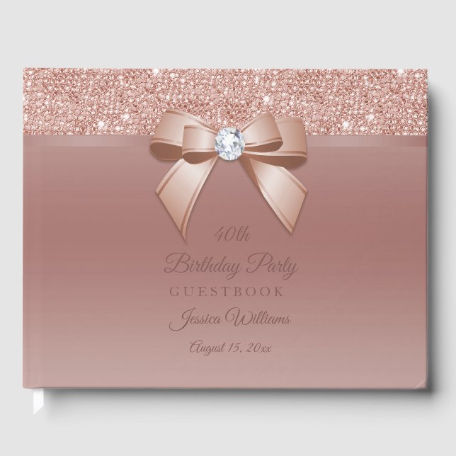 Sparkles & Glamour, Rose Gold Birthday Party Guest Book (Front)