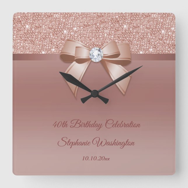 Sparkles & Glamour, Rose Gold Birthday Party Square Wall Clock (Front)