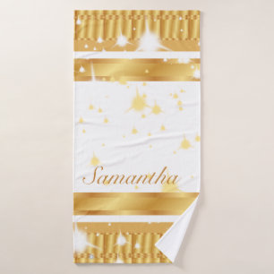 Sparkles Gold And White Script Name Bath Towel Set