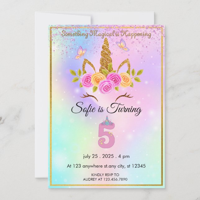 Sparkles Magique Unicorn 5e invitation anniversair (Devant)
