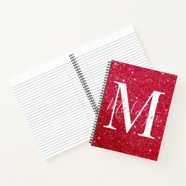  sparkles red glitter monogram name girly notebook (Inside)