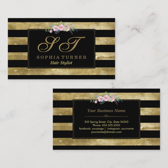 Sparkles Striped Gold Glitter Floral Monogram Business Card (Front/Back)