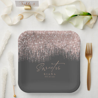 Sparkles Sweet Sixteen Rose Gold/Black ID912   Paper Plate