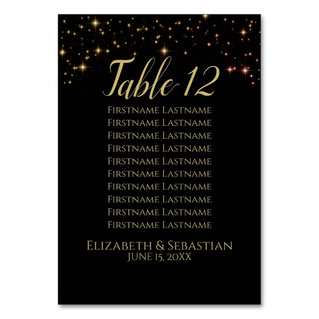 Sparkles Wedding Table Number with Seating Chart (Back)