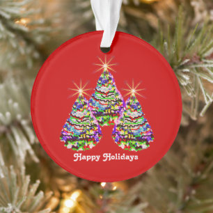 Sparkling Abstract Christmas Trees Design on Red Ornament
