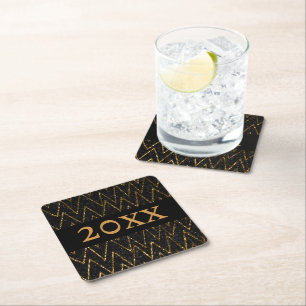 Sparkling Black & Chevron   Custom Gold New Year Square Paper Coaster