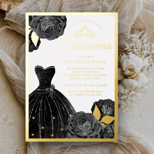 Sparkling Black Gown Grey Roses Quinceanera Gold