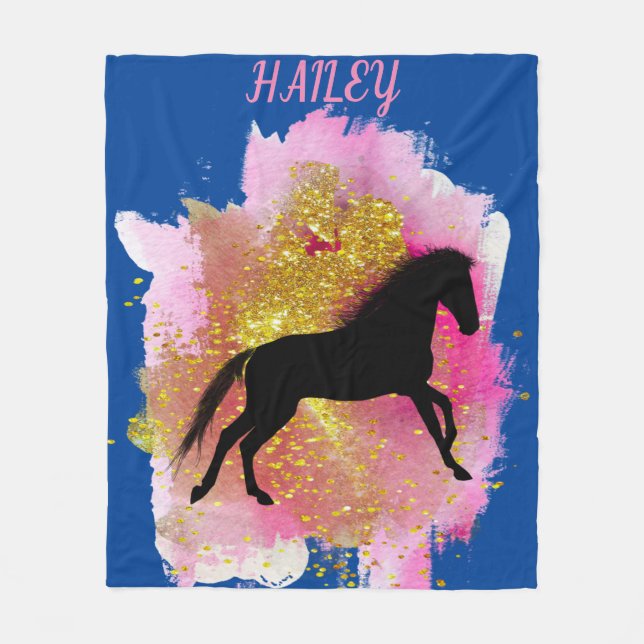 SPARKLING BLACK HORSE PERSONALIZED BLANKET. FLEECE (Front)