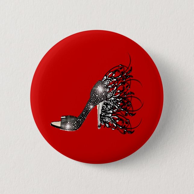 Sparkling Black Stiletto on Red 2 Inch Round Button (Front)
