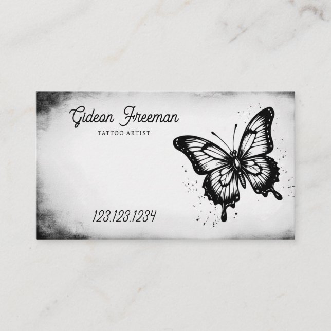 Sparkling Black & White Butterfly Tattoo Artist Business Card (Front)