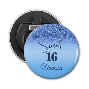 Sparkling Blue Faux Glitter Sweet 16 Bottle Opener