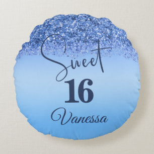 Sparkling Blue Faux Glitter Sweet 16 Round Pillow 
