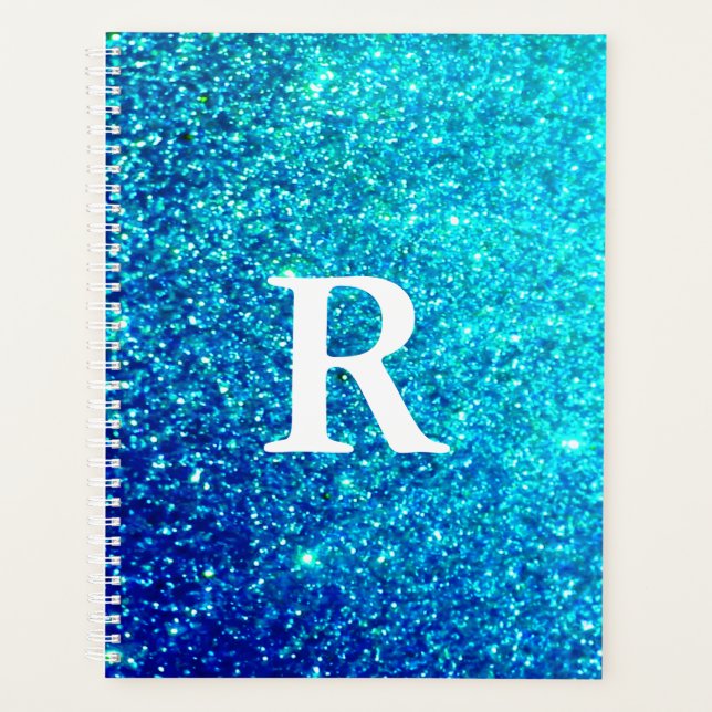 Sparkling Blue Glittery Teal Monogram Initials Planner (Front)