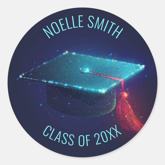 Sparkling Blue Graduation Cap, Class of 20XX Classic Round Sticker (Front)