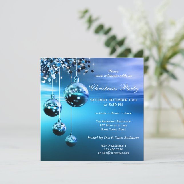 Sparkling Blue Modern Christmas Party Invitation (Standing Front)