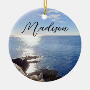 Sparkling Blue Ocean Custom Name Ceramic Ornament