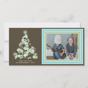 Sparkling Blue Retro Circles Christmas Tree Photo Holiday Card