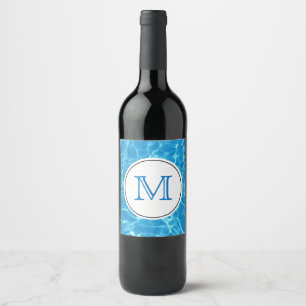 Sparkling Blue Swimming Pool Blue Water Monogram Wine Label