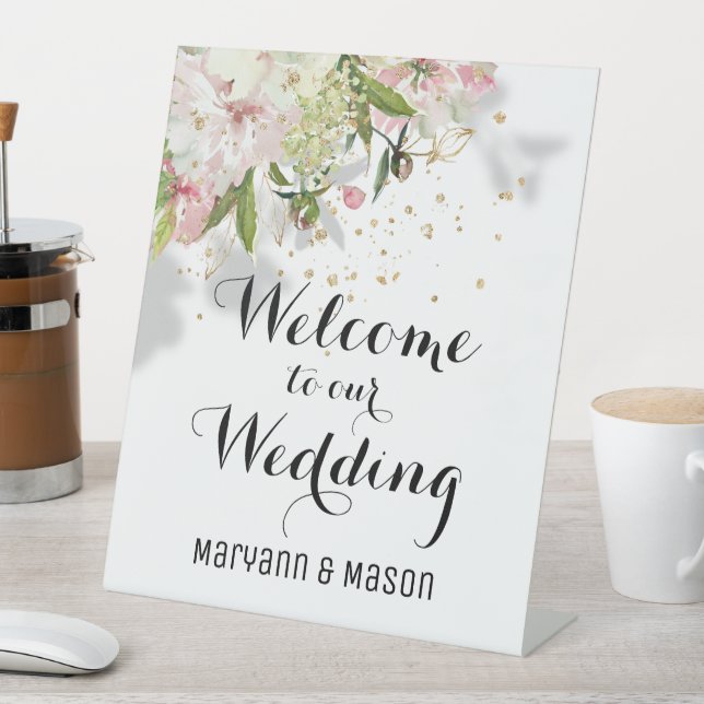 Sparkling Blush And White Welcome To Our Wedding Pedestal Sign (In SItu)