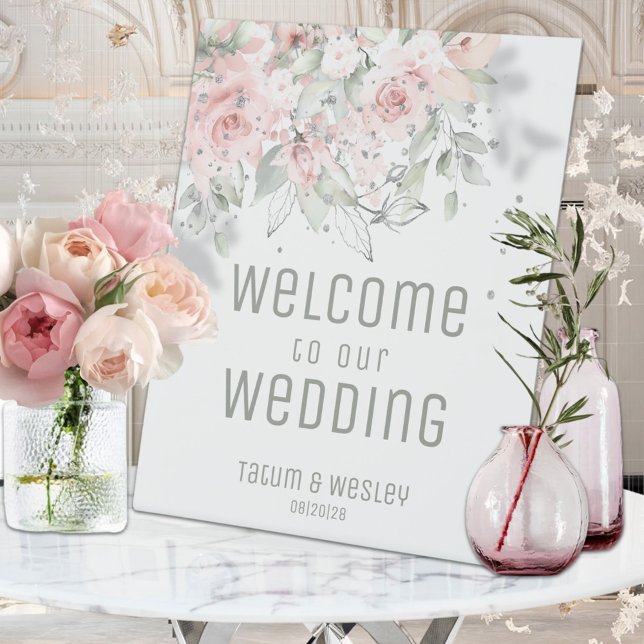 Sparkling Blush Peony Welcome To Our Wedding Pedestal Sign (Creator Uploaded)