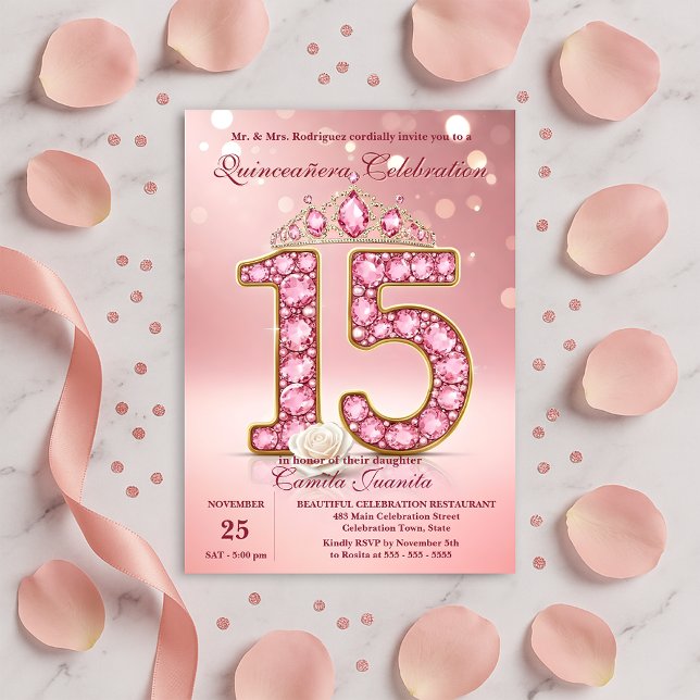 Sparkling Blush Pink 15 Tiara Rose Quinceañera Invitation (Creator Uploaded)