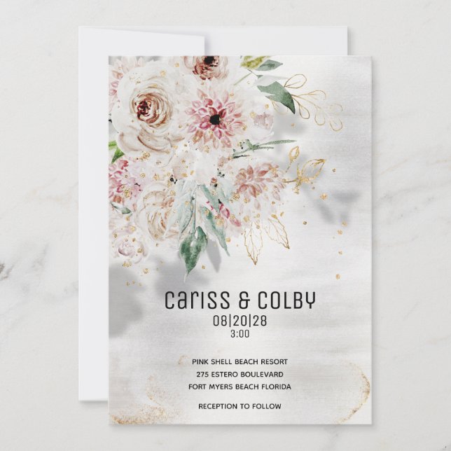 Sparkling Blush White & Greenery Wedding Invite (Front)