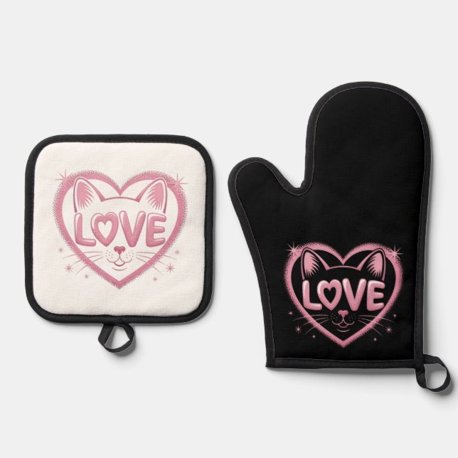 Sparkling Cat Love Oven Mitt & Pot Holder Set (Front)
