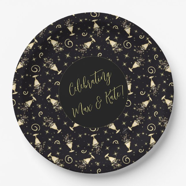 Sparkling Celebration Gold & Black Customizable  Paper Plate (Front)