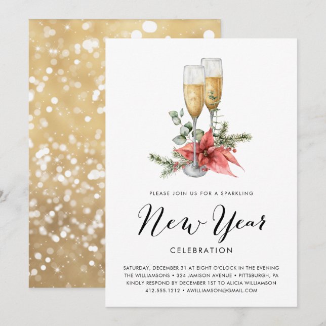 Sparkling Champagne and Greenery New Years  Party Invitation (Front/Back)