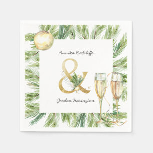 Sparkling Cheer Winter Greenery   Monogram Wedding Napkin