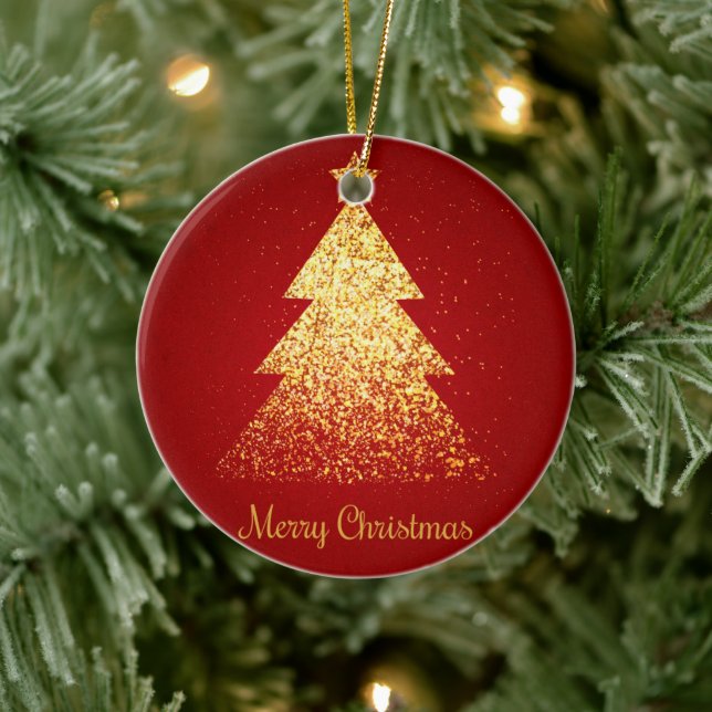 Sparkling Christmas Tree Golden Red Ceramic Ornament (Tree)