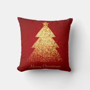 Sparkling Christmas Tree Golden Red Throw Pillow