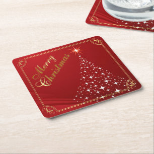 Sparkling Christmas Tree on Red Square Paper Coaster