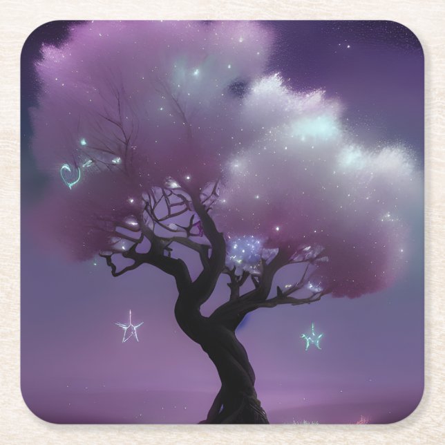 Sparkling Cloud Tree Square Paper Coaster (Front)
